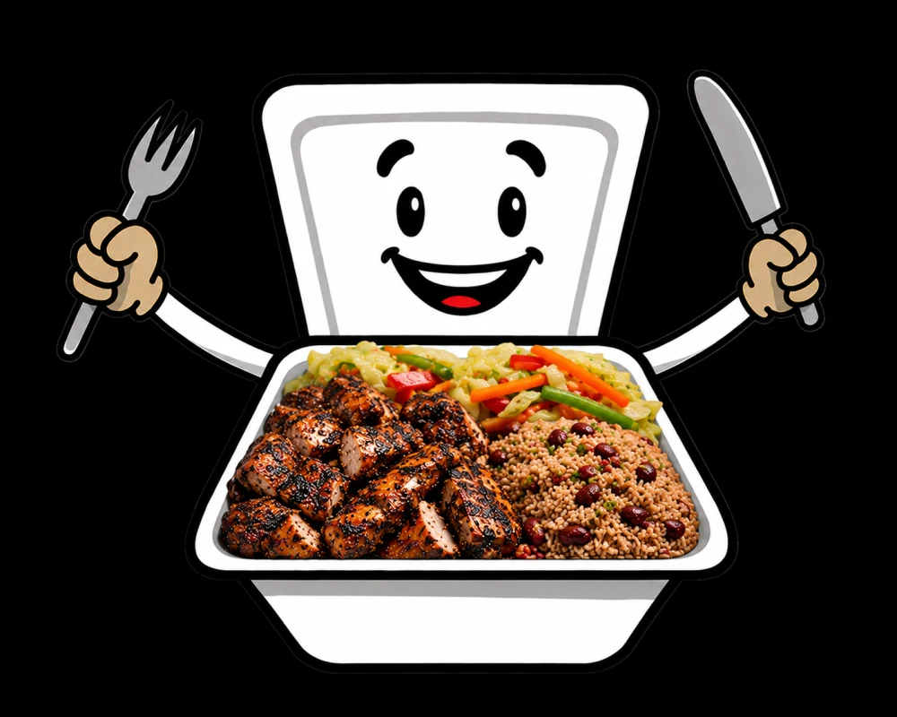 Lunch Box character presenting a jerk chicken lunch box