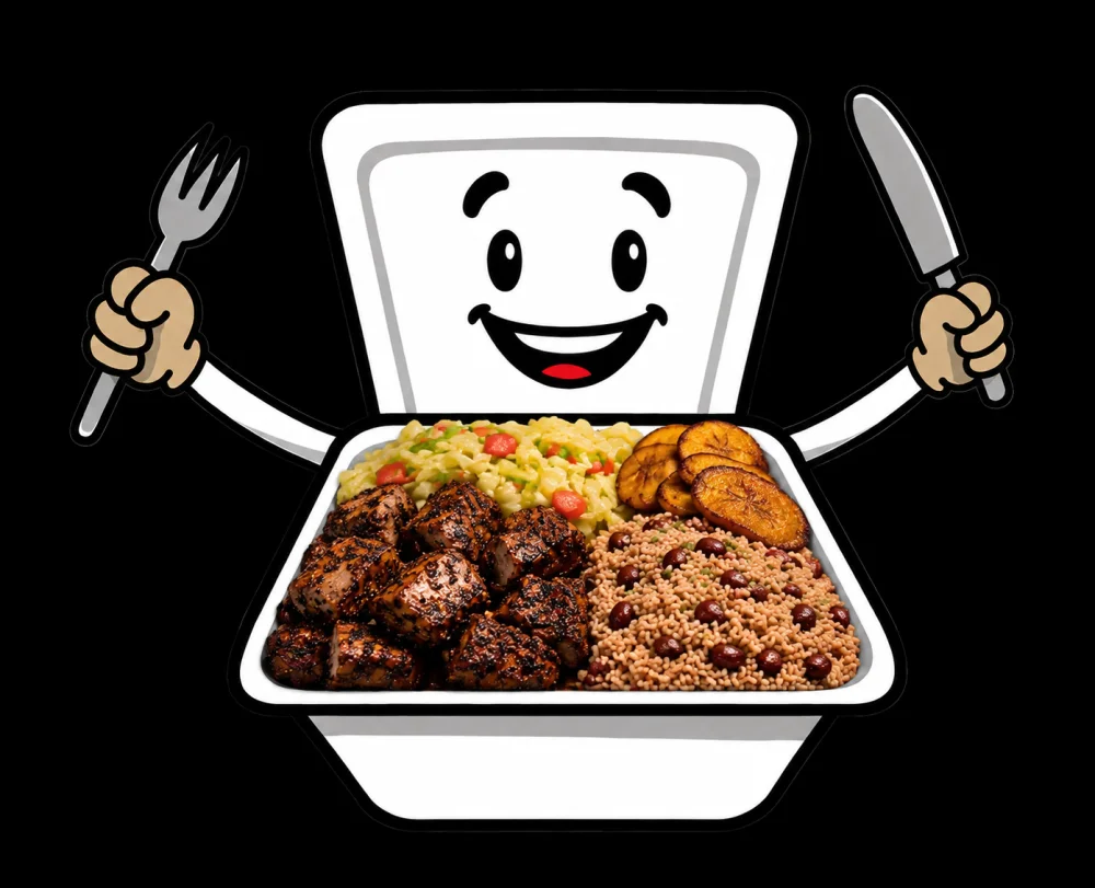 Lunch Box character presenting a jerk pork lunch box